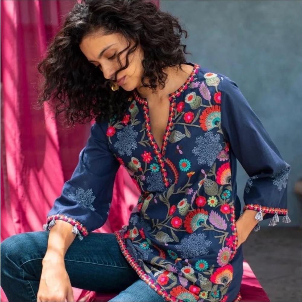 Soft Surroundings Paraiso Blue Embroidered Tunic Medium